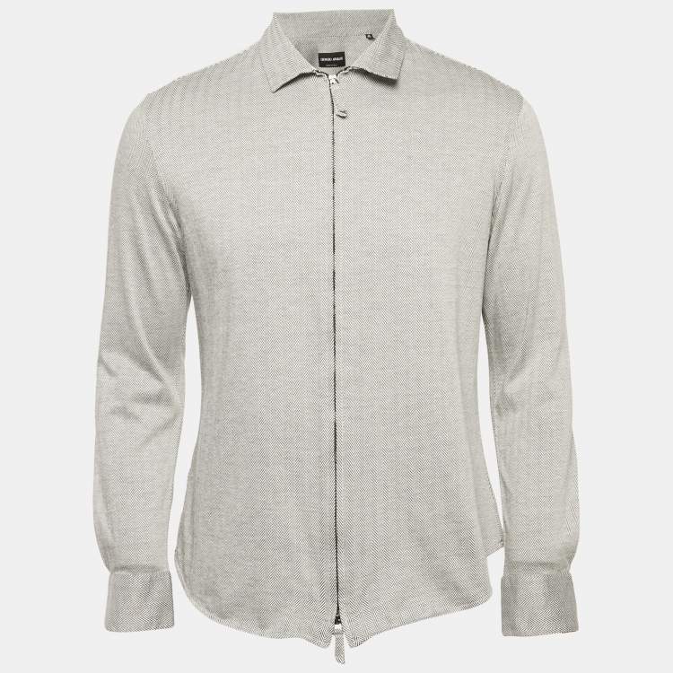 Pre Owned Giorgio Armani Grey Herringbone Cotton Blend Zip-Up Shirt M