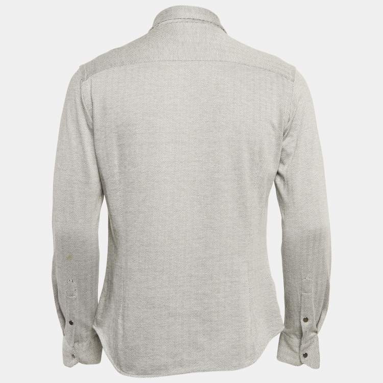 Pre Owned Giorgio Armani Grey Herringbone Cotton Blend Zip-Up Shirt M
