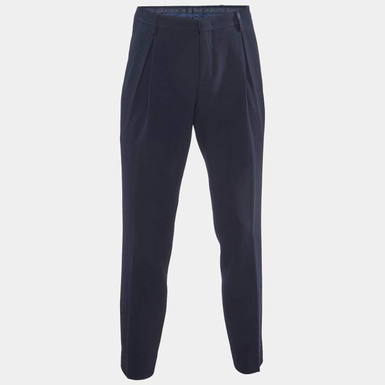Pre Owned Giorgio Armani Navy Blue Ribbed Wool Pleated Pants M