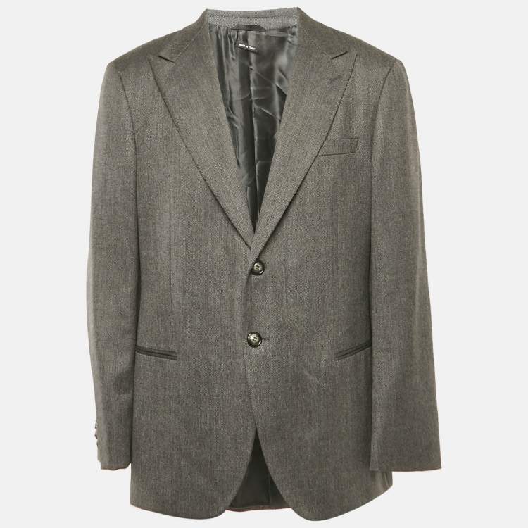 Pre Owned Giorgio Armani Dark Grey Textured Wool Single Breasted Blazer 4XL