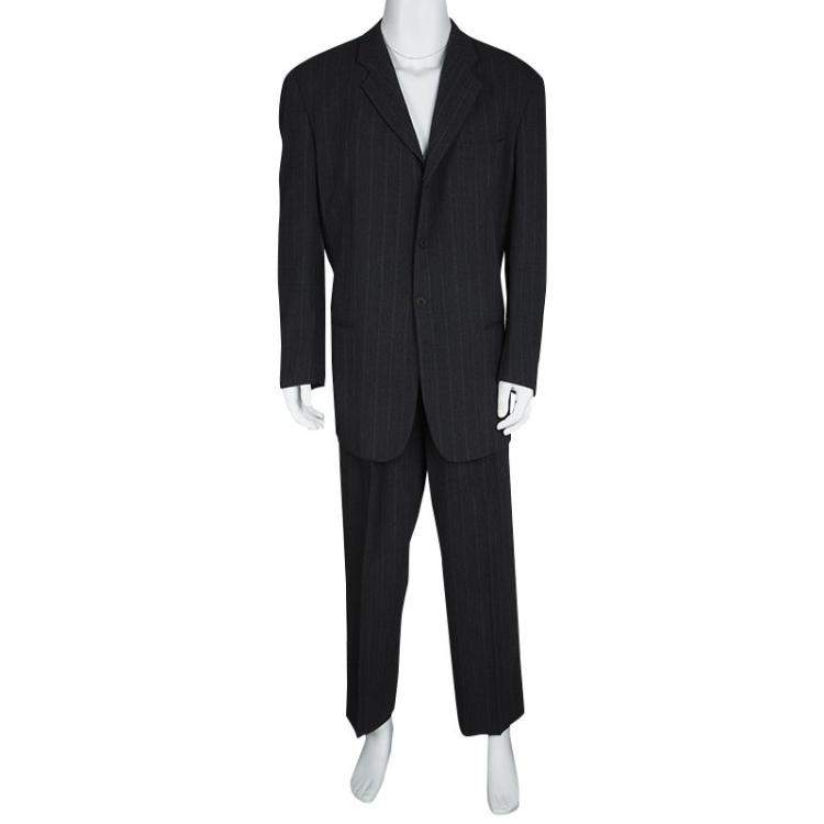 Pre Owned Giorgio Armani Grey Wool Herringbone Pattern Suit 3XL