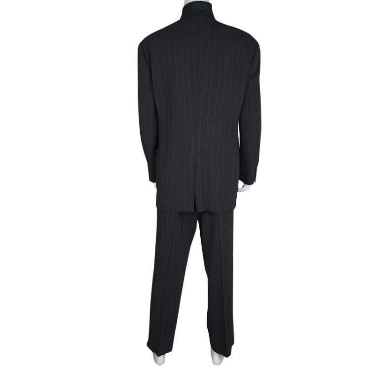 Pre Owned Giorgio Armani Grey Wool Herringbone Pattern Suit 3XL
