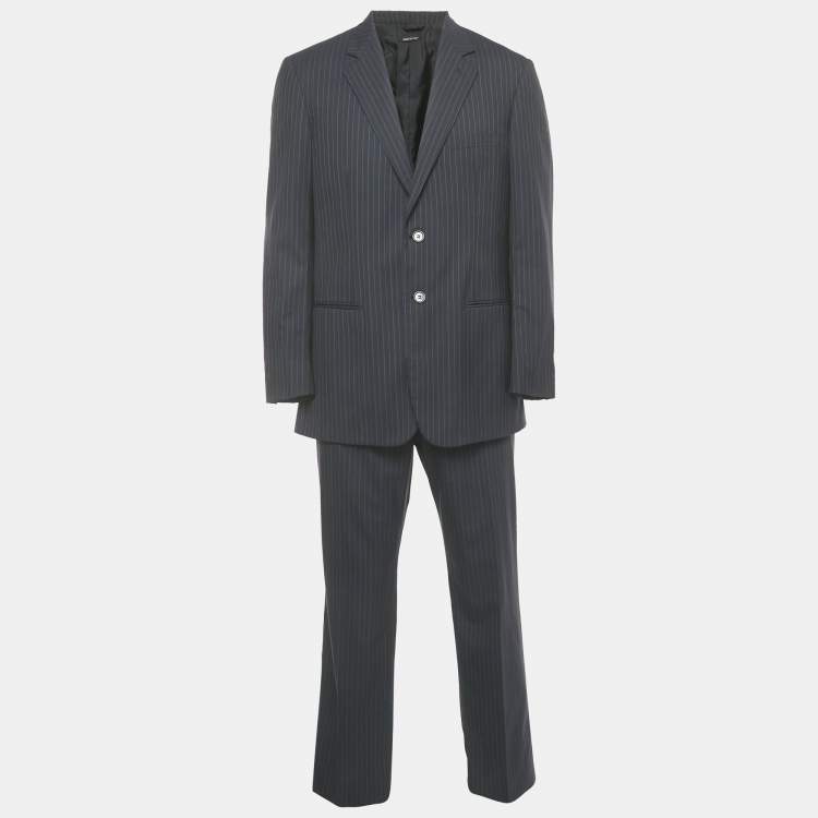 Pre Owned Giorgio Armani Navy Blue Striped Wool Tailored Suit XXL