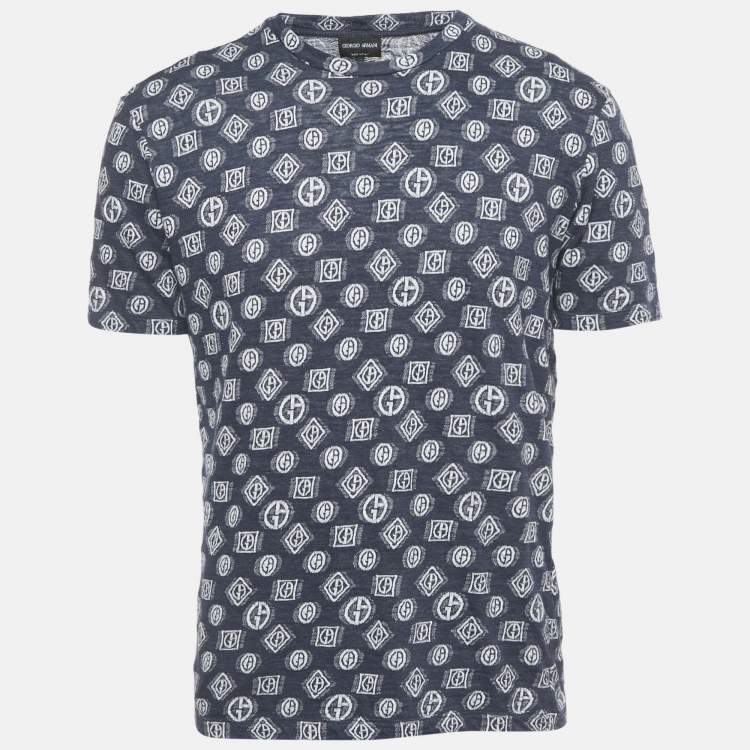 Pre Owned Giorgio Armani Blue Monogram Jersey Crewneck T-Shirt L