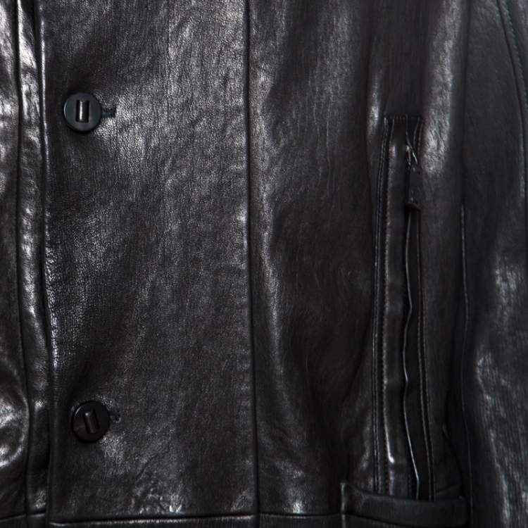 Pre Owned Giorgio Armani Black Lambskin Leather High Neck Jacket XL
