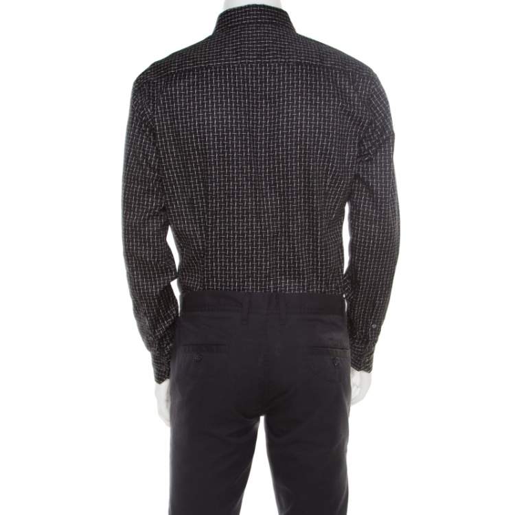 Pre Owned Giorgio Armani Black Misplaced Square Printed Cotton Button Front Shirt L