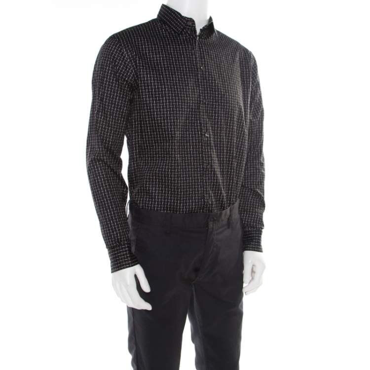 Pre Owned Giorgio Armani Black Misplaced Square Printed Cotton Button Front Shirt L