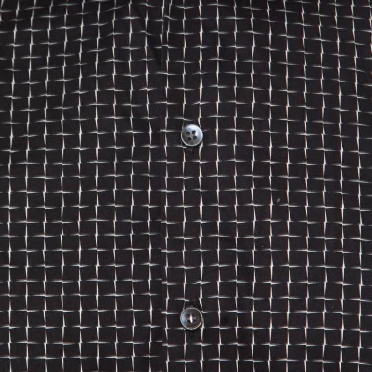 Pre Owned Giorgio Armani Black Misplaced Square Printed Cotton Button Front Shirt L