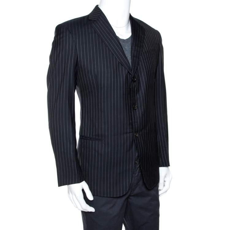 Pre Owned Giorgio Armani Dark Blue Pinstripe Wool Three Buttoned Blazer L