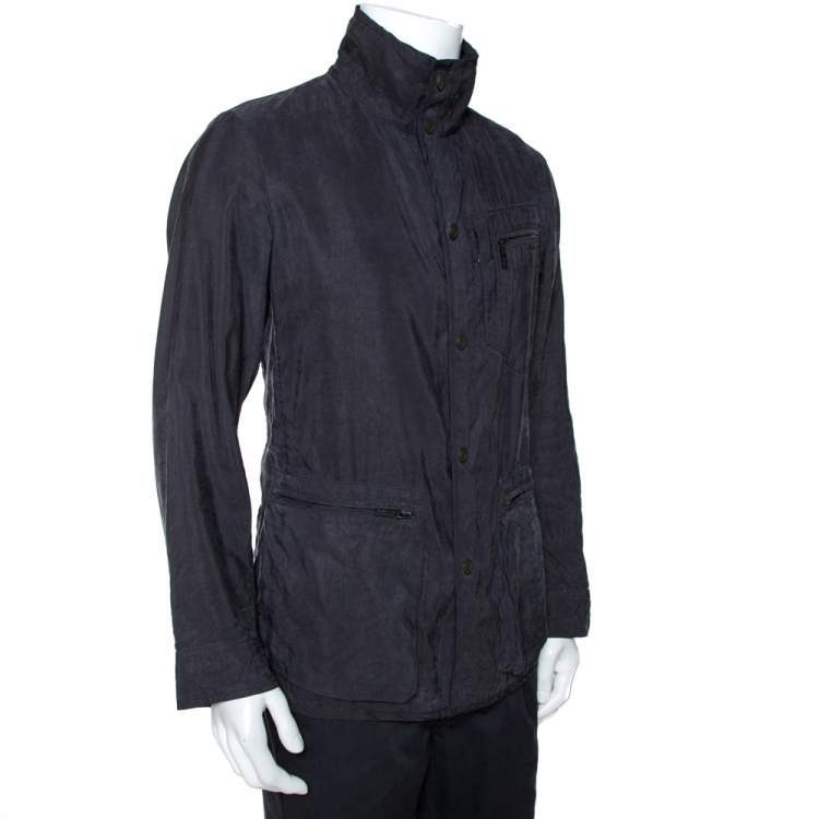 Pre Owned Giorgio Armani Slate Grey Linen Cotton Zip Front Overcoat S