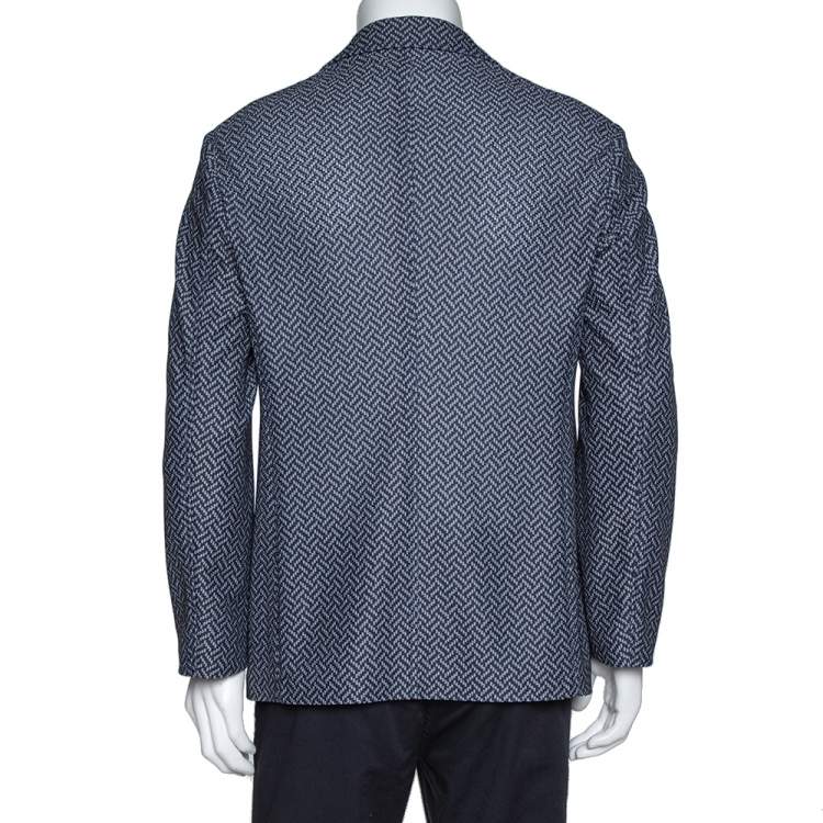 Pre Owned Giorgio Armani Navy Blue Zig Zag Print Textured Knit Jacket XL