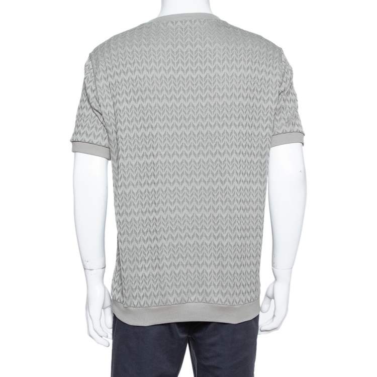 Pre Owned Giorgio Armani Grey Chevron Knit Short Sleeve Sweater 2XL