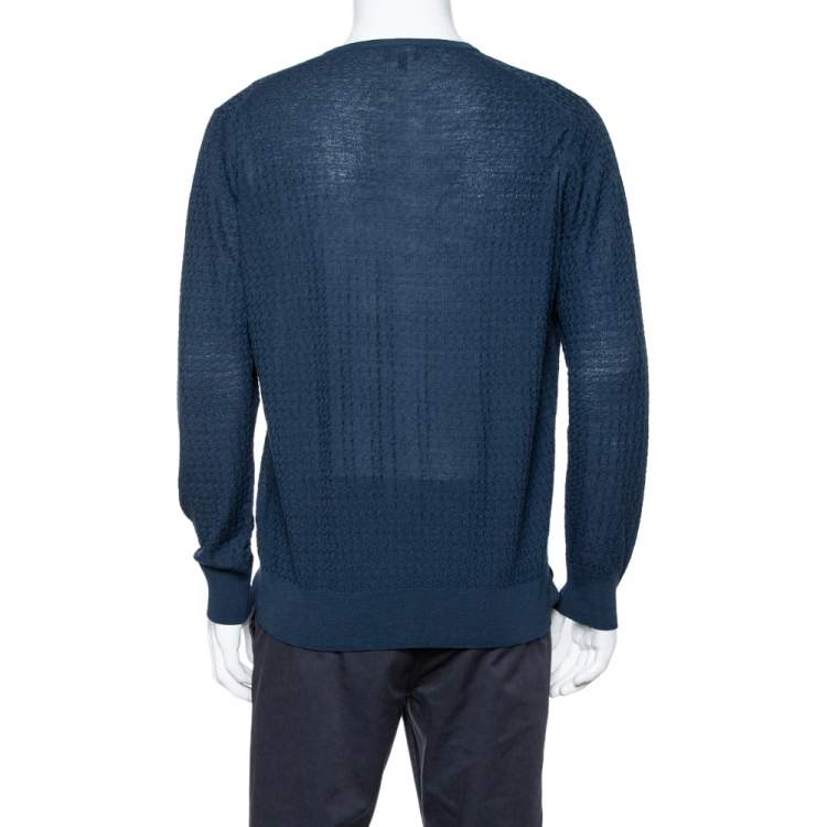 Pre Owned Giorgio Armani Navy Blue Jaquard Knit V-Neck Sweater XXL