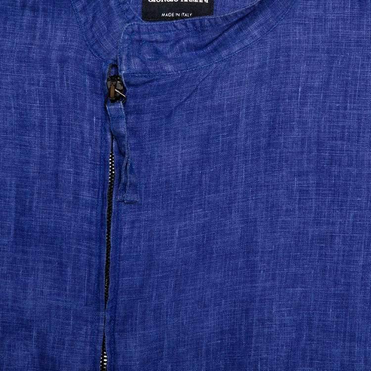 Pre Owned Giorgio Armani Blue Linen Stand Collar Zipper Front Shirt S