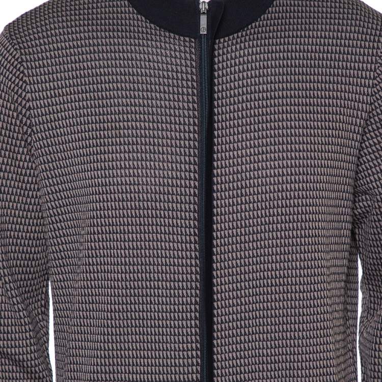 Pre Owned Giorgio Armani Navy Blue & Beige Patterned Knit Zipper Front Jacket XXL