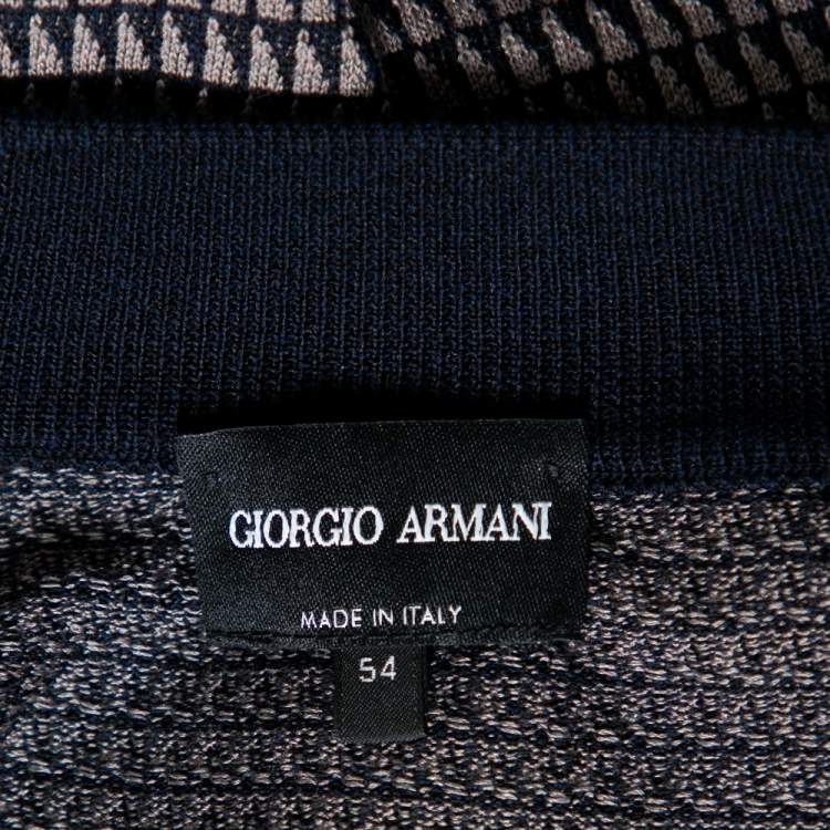 Pre Owned Giorgio Armani Navy Blue & Beige Patterned Knit Zipper Front Jacket XXL