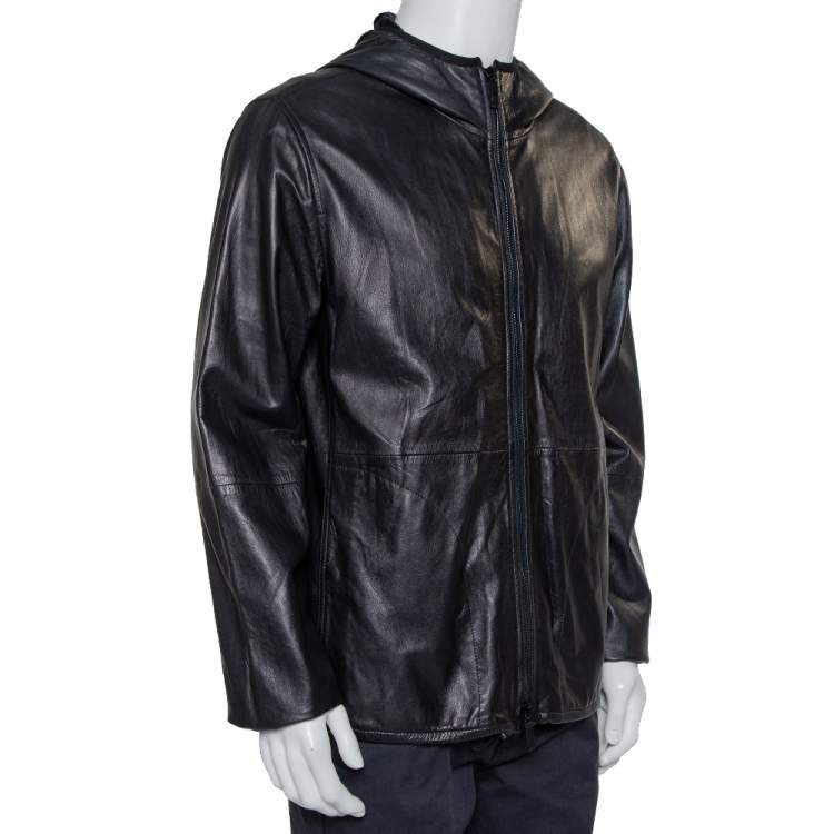 Giorgio Armani Black Leather Hooded Zip Front Jacket XXL Giorgio