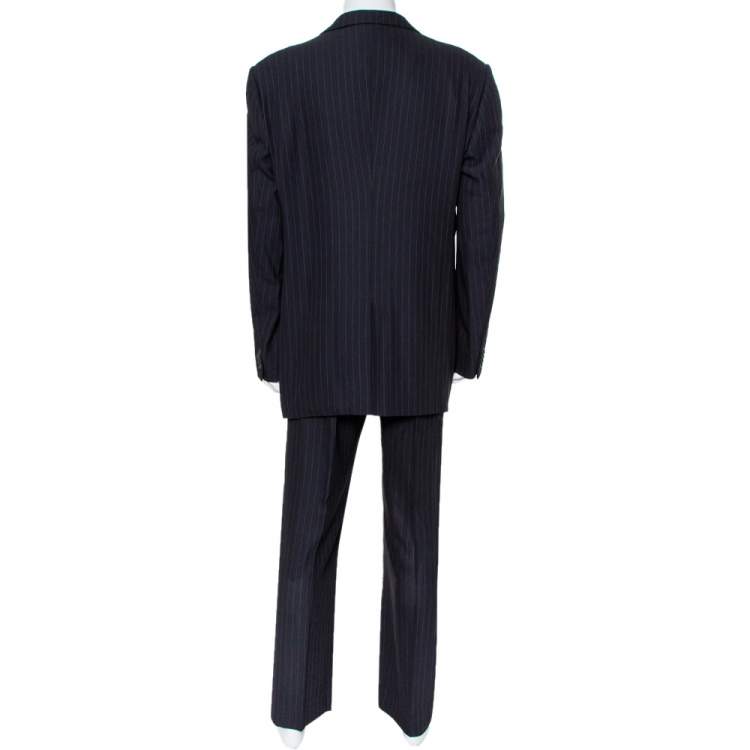 Pre Owned Giorgio Armani Classico Midnight Blue Pinstriped Wool & Silk Suit 5XL