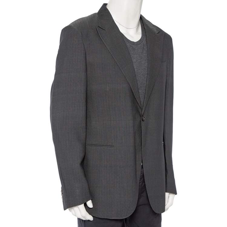 Pre Owned Giorgio Armani Charcoal Grey Patterned Wool Button Front Blazer 3XL