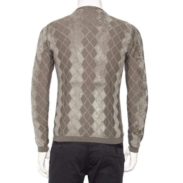 Pre Owned Giorgio Armani Grey Patterned Knit V-Neck Jumper L 