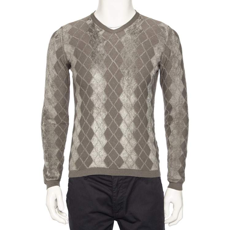 Pre Owned Giorgio Armani Grey Patterned Knit V-Neck Jumper L 