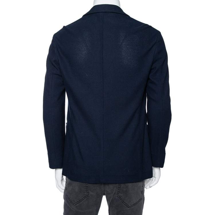 Pre Owned Giorgio Armani Navy Blue Waffle Knit Single Breasted Blazer L