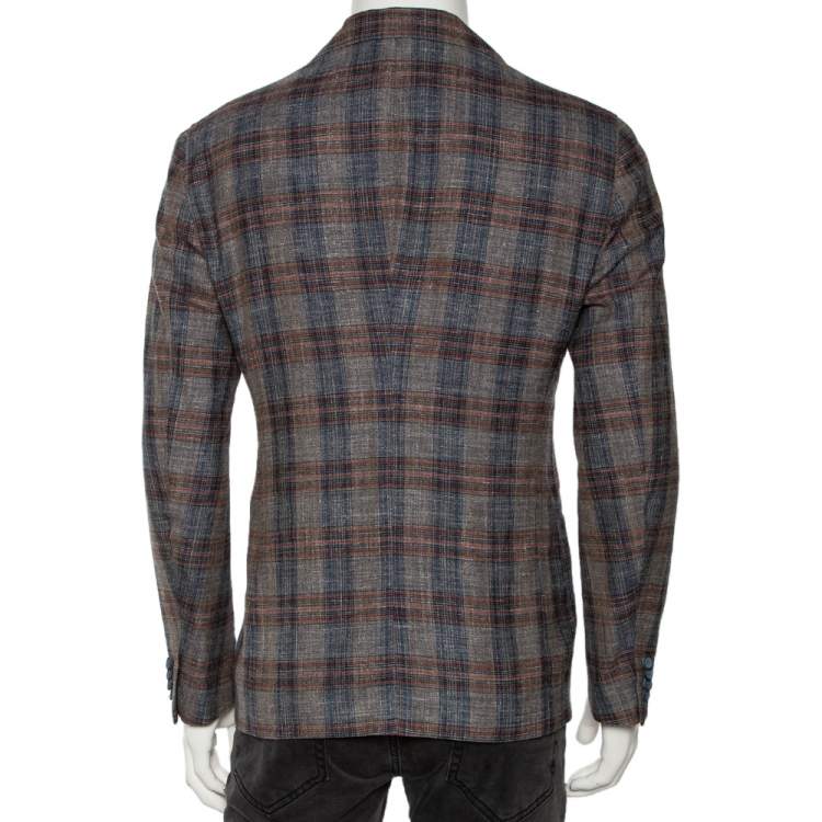 Pre Owned Giorgio Armani Grey Checkered Wool & Silk Single Breasted Blazer L