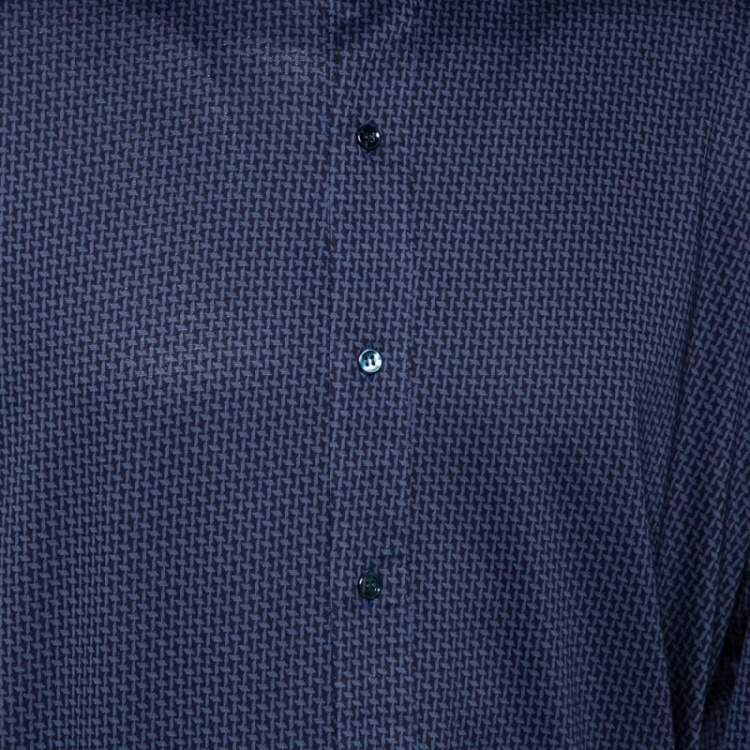 Pre Owned Giorgio Armani Navy Blue Printed Stretch Cotton Button Front Shirt 4XL