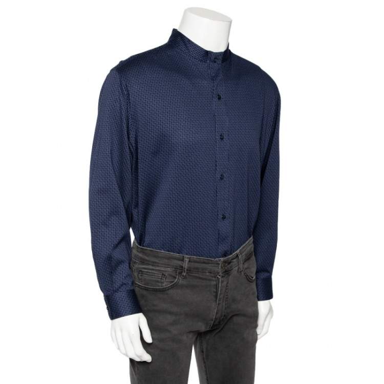Pre Owned Giorgio Armani Navy Blue Printed Stretch Cotton Button Front Shirt 4XL