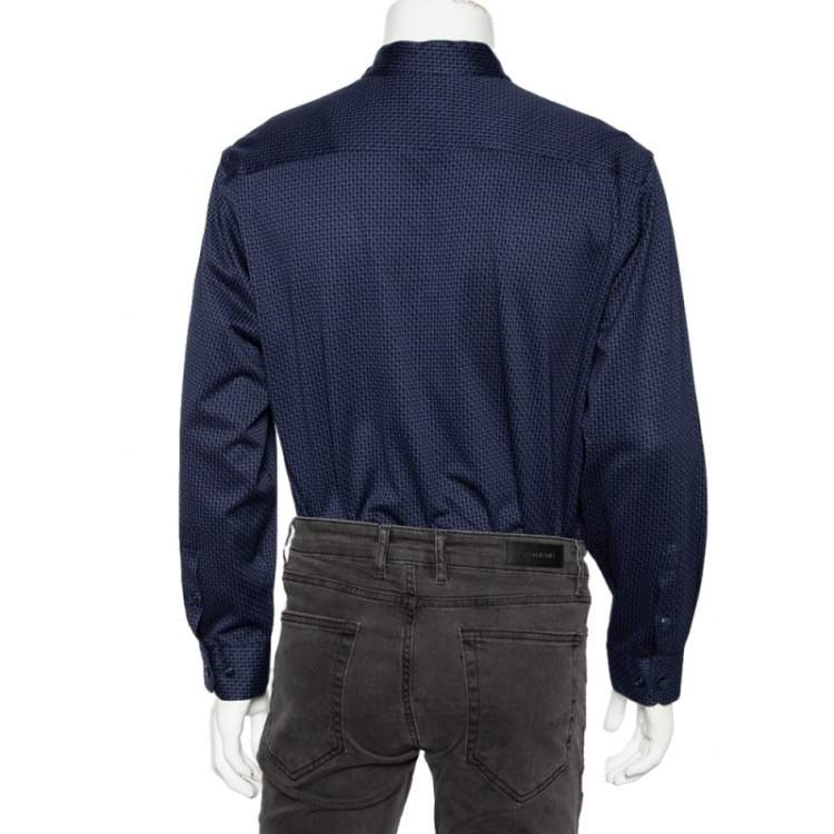 Pre Owned Giorgio Armani Navy Blue Printed Stretch Cotton Button Front Shirt 4XL