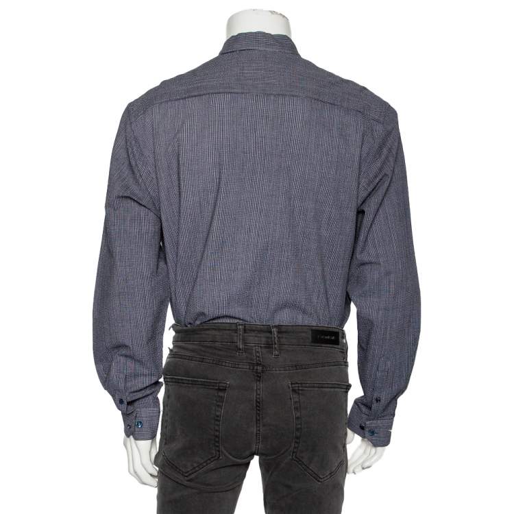 Pre Owned Giorgio Armani Navy Blue Striped Crinkled Cotton Button Front Shirt 3XL
