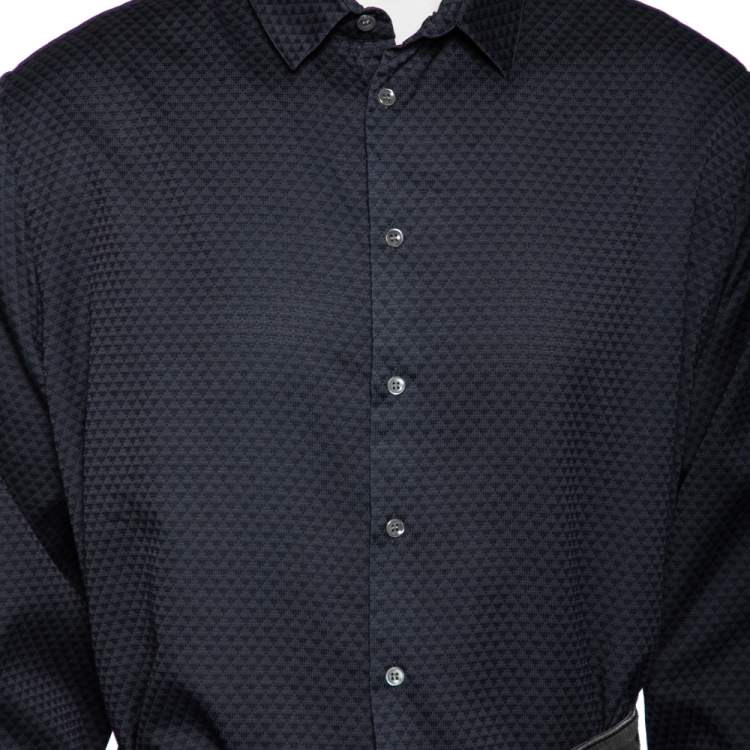 Pre Owned Giorgio Armani Navy Blue & Grey Printed Cotton Button Front Shirt 4XL