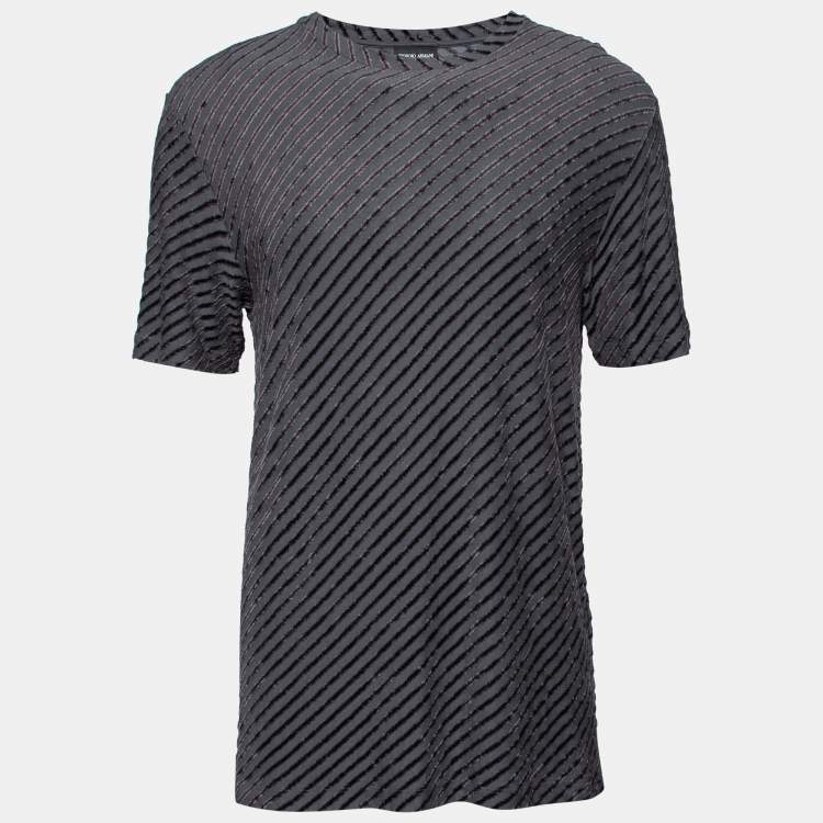 Pre Owned Giorgio Armani Grey Diagonal Stripe Textured Knit Short Sleeve T-Shirt 3XL