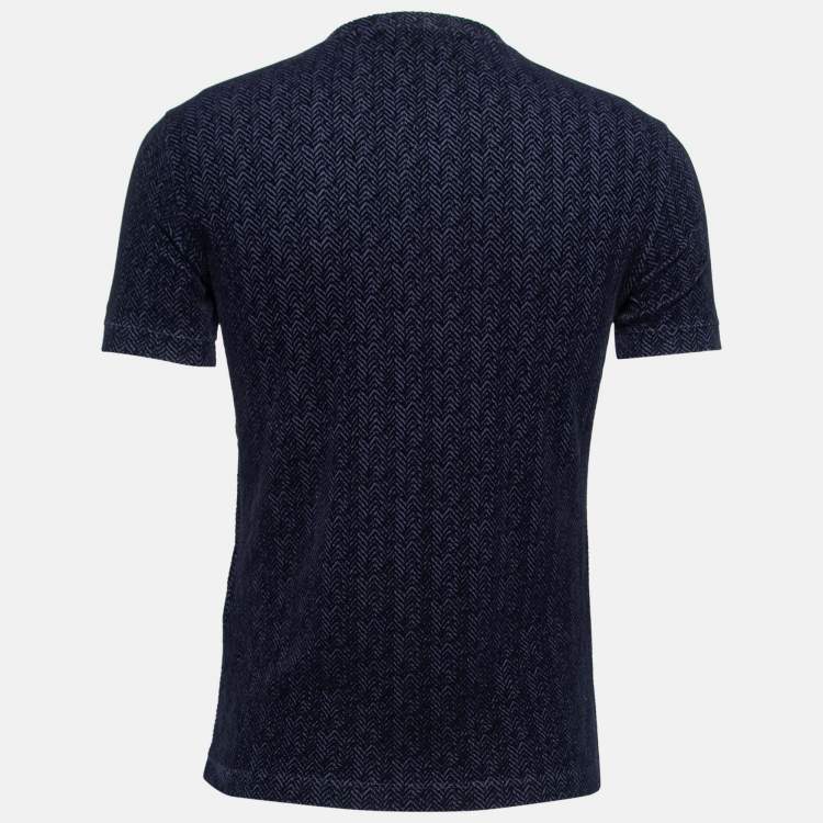 【関税送料込み】GIORGIO ARMANI T-SHIRTS BLUE NAVY T-SHIRT Giorgio Armani Navy Blue Patterned Devore Round Neck T-Shirt