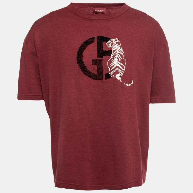 Pre Owned Giorgio Armani Burgundy Cotton Knit Logo Detail Round Neck T-Shirt XL