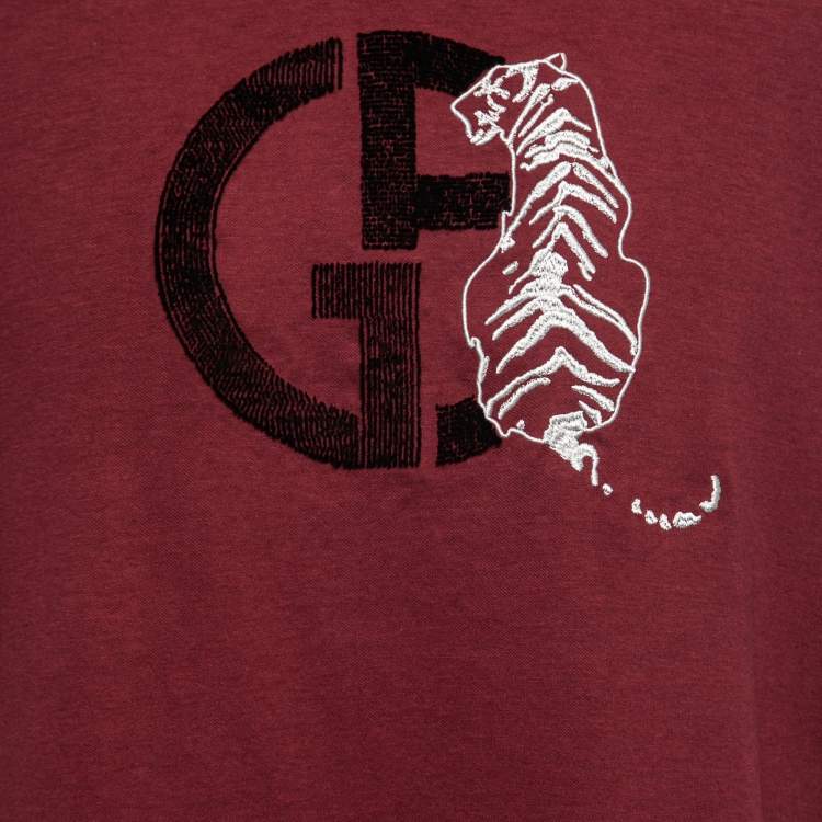 Pre Owned Giorgio Armani Burgundy Cotton Knit Logo Detail Round Neck T-Shirt XL