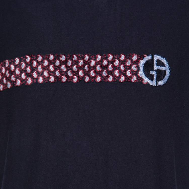 Pre Owned Giorgio Armani Navy Blue Flocked Logo Detail Knit T-Shirt 3XL