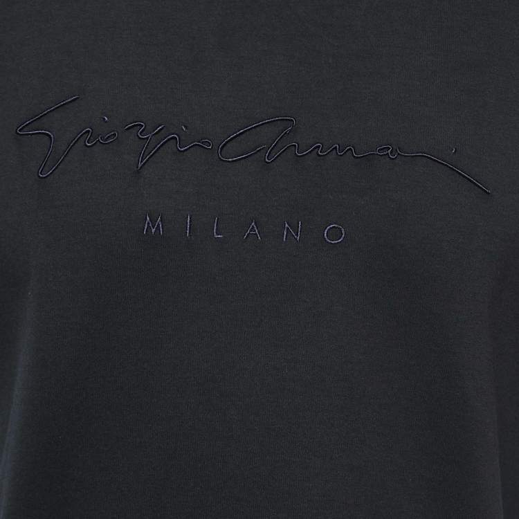 Pre Owned Giorgio Armani Black Cotton Signature Embroidered Crew Neck T Shirt S
