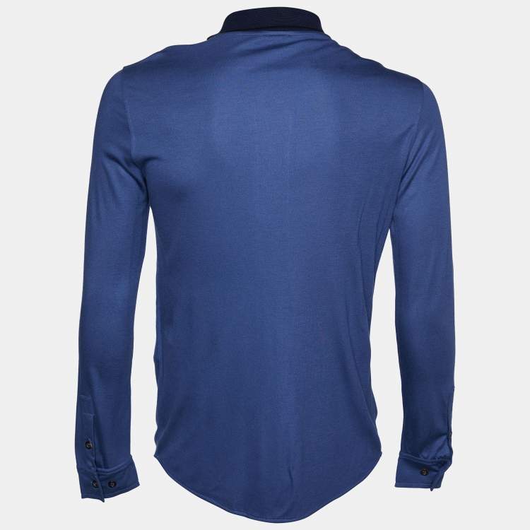Pre Owned Giorgio Armani Blue Cotton Jersey Full Sleeve Polo T-shirt M