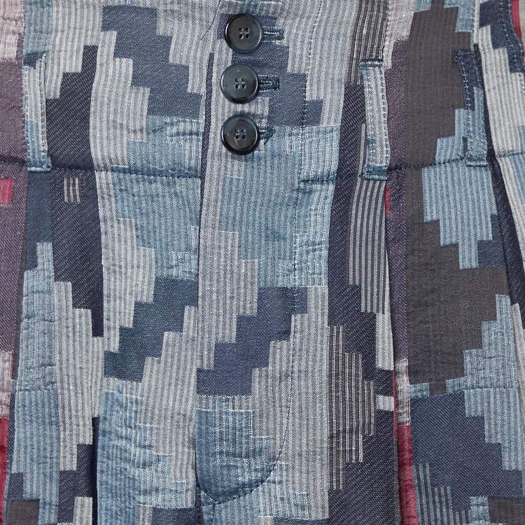 Pre Owned Giorgio Armani Blue Geometric Pattern Linen Blend Shorts L