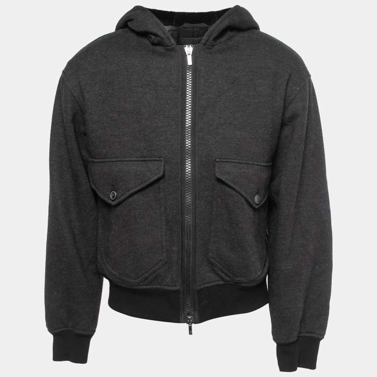Pre Owned Giorgio Armani Grey/Black Wool Zip Front Hooded Jacket L
