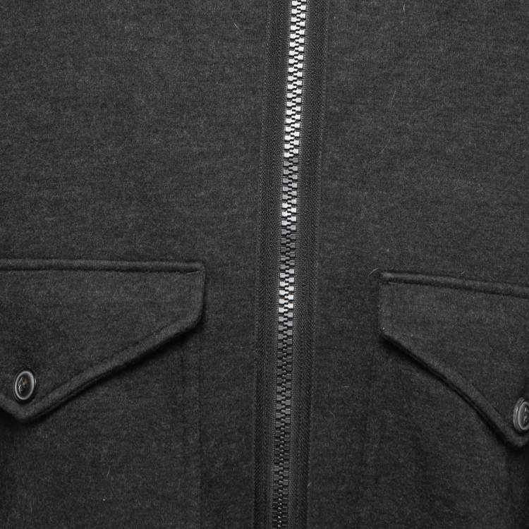 Pre Owned Giorgio Armani Grey/Black Wool Zip Front Hooded Jacket L