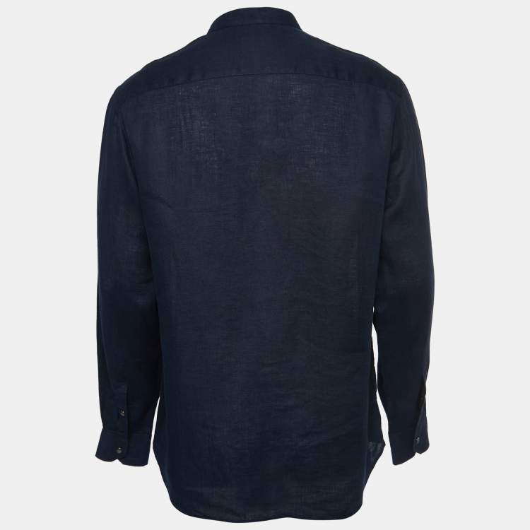 Pre Owned Giorgio Armani Navy Blue Linen Zip Front Full Sleeve Shirt M