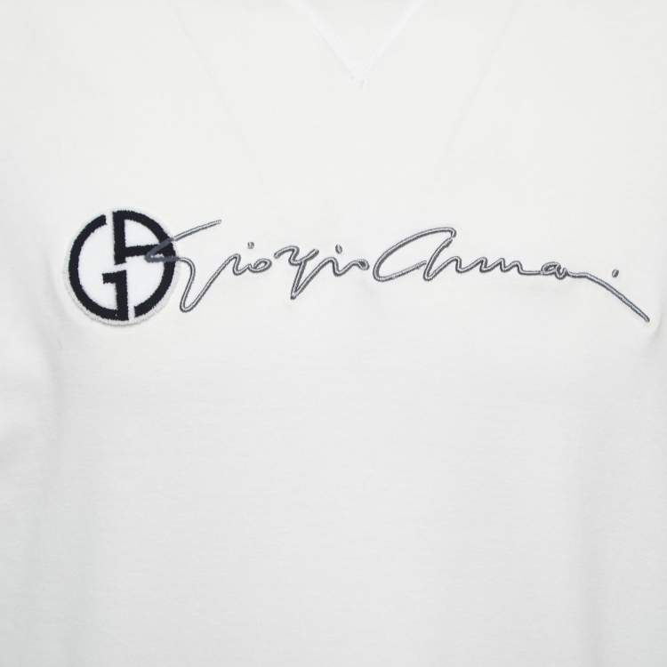 Pre Owned Giorgio Armani White Cotton Signature Logo Embroidered T-Shirt 3XL