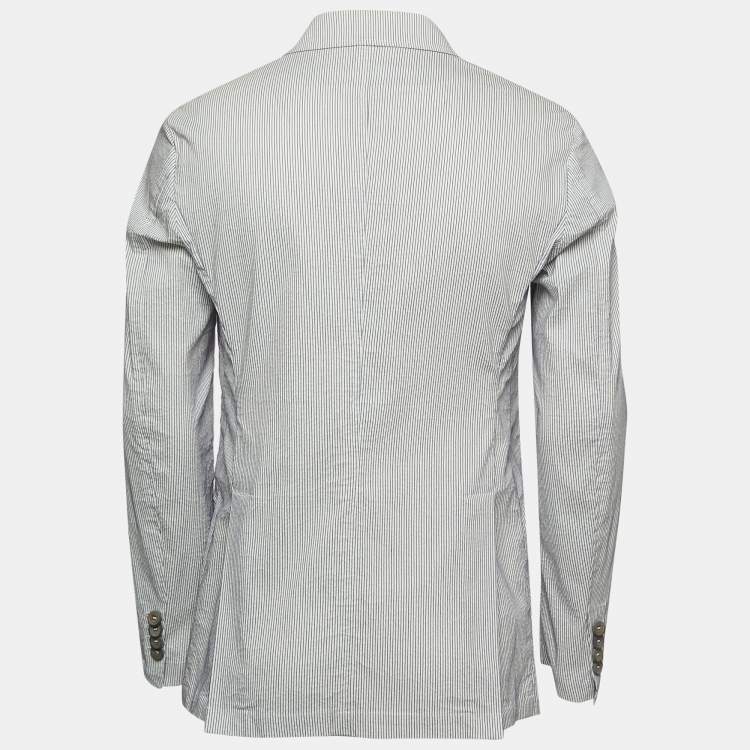 Pre Owned Giorgio Armani White Striped Cotton Blend Double Breasted Blazer M