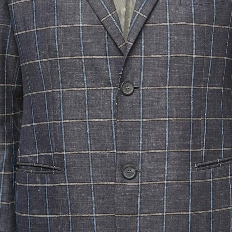 Pre Owned Giorgio Armani Blue checkered Wool Blend Single Breasted Blazer XL