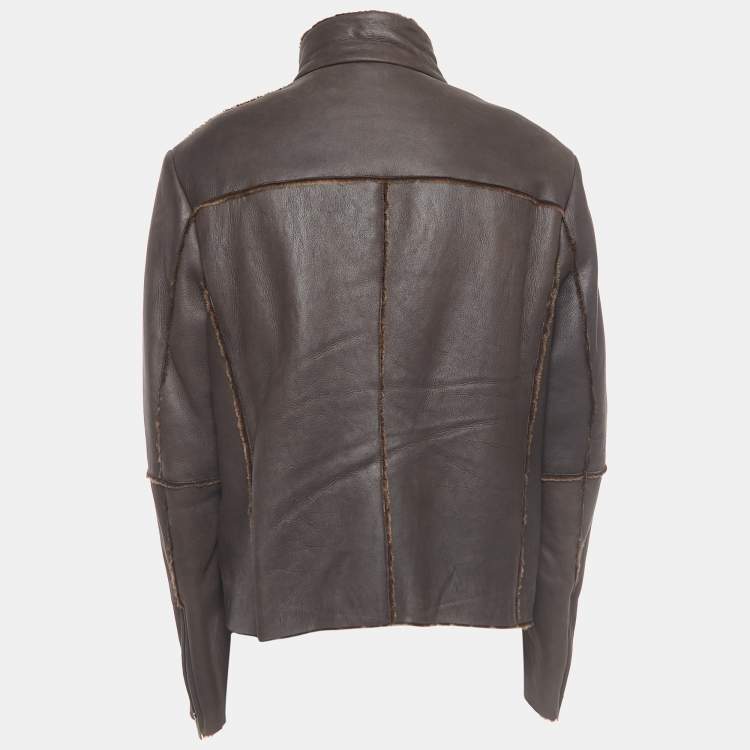 Pre Owned Giorgio Armani Brown Leather and Fur Zipper Jacket XXL
