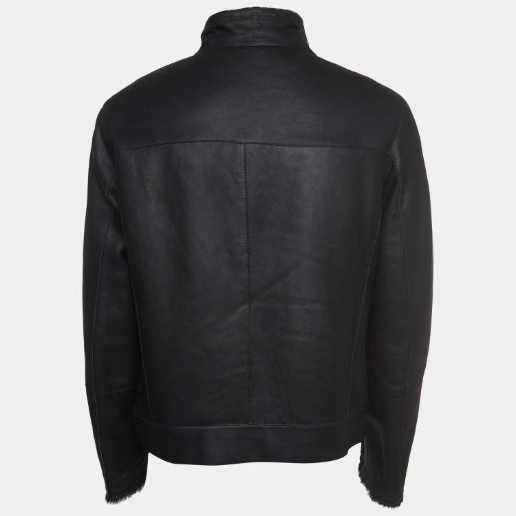Pre Owned Giorgio Armani Black Leather and Fur Zipper Jacket XL
