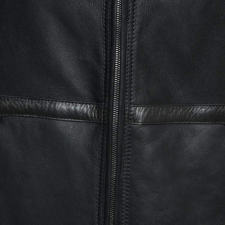 Pre Owned Giorgio Armani Black Leather and Fur Zipper Jacket XL