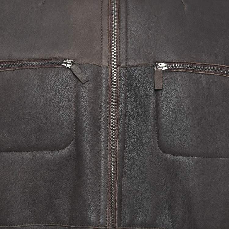 Pre Owned Giorgio Armani Brown Leather Zipper Jacket XXL